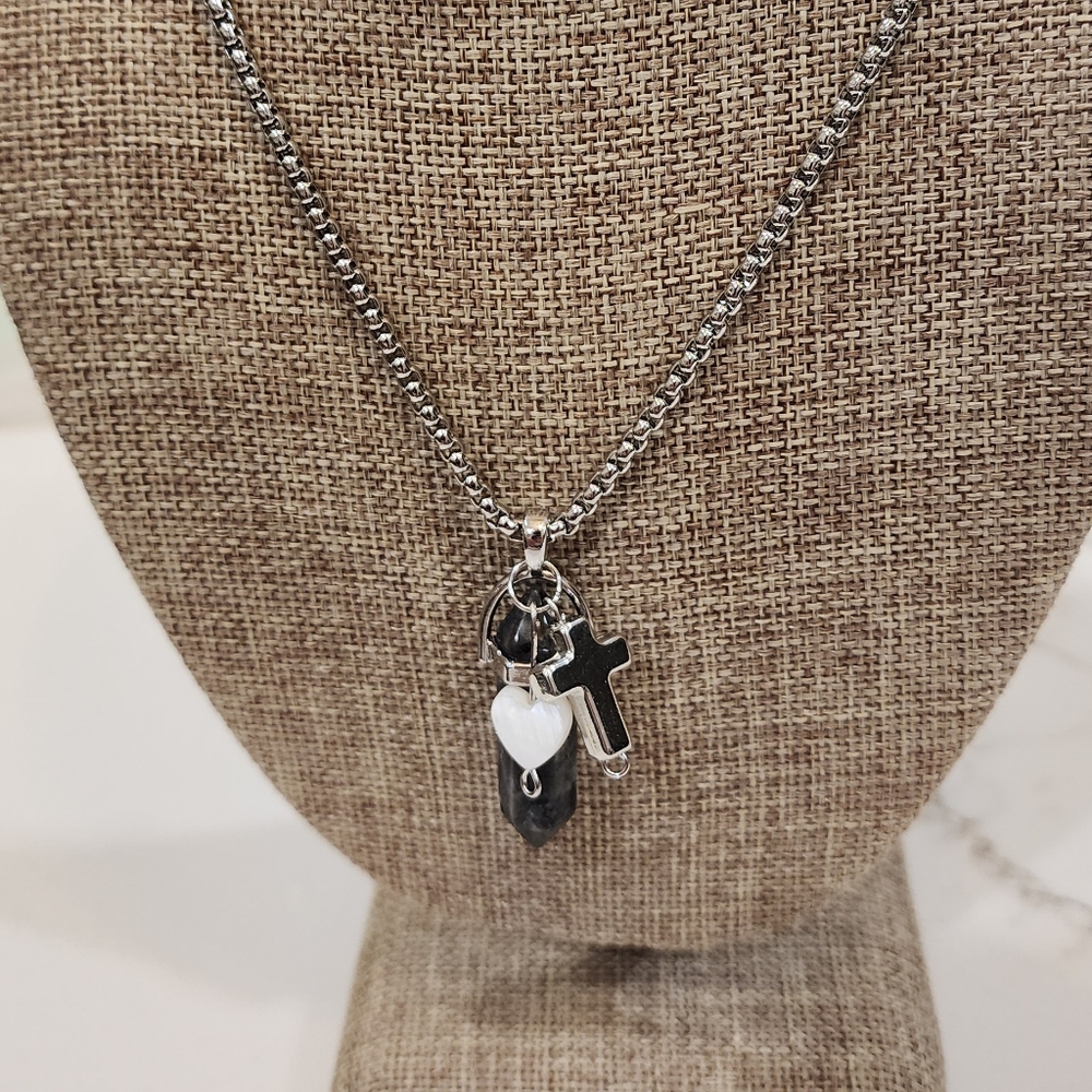 Artisan Religious Larvikite Gemstone Handmade Stainless Necklace 18" ✝️